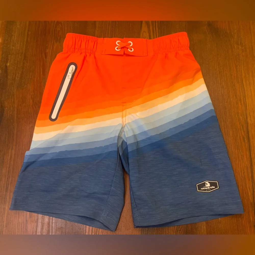 NWT Rokka and Rolla boys stretch mesh lined swim trunks, small, blue/orange (M)